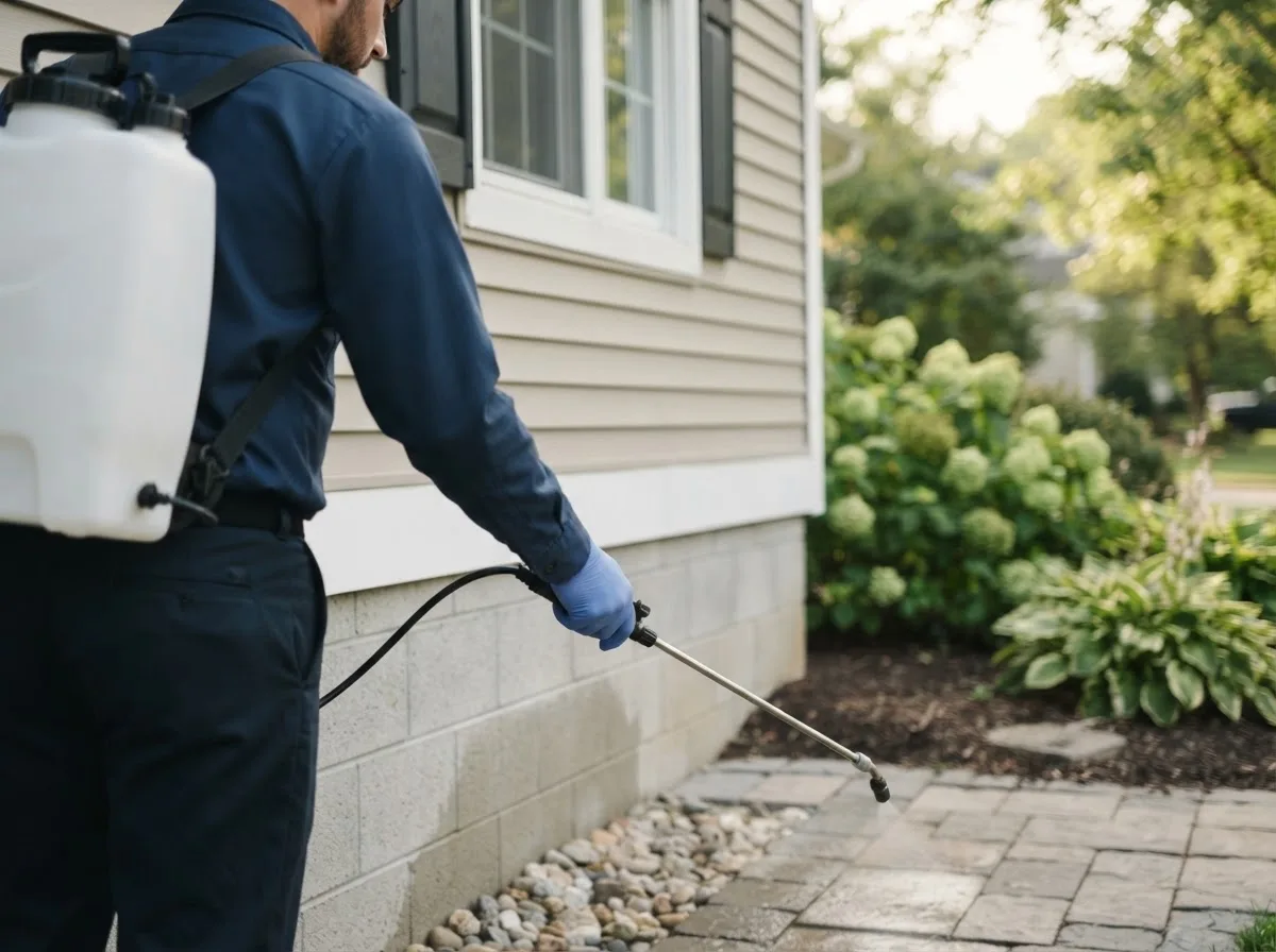 Pest control technician inspecting a home in Armington, IL